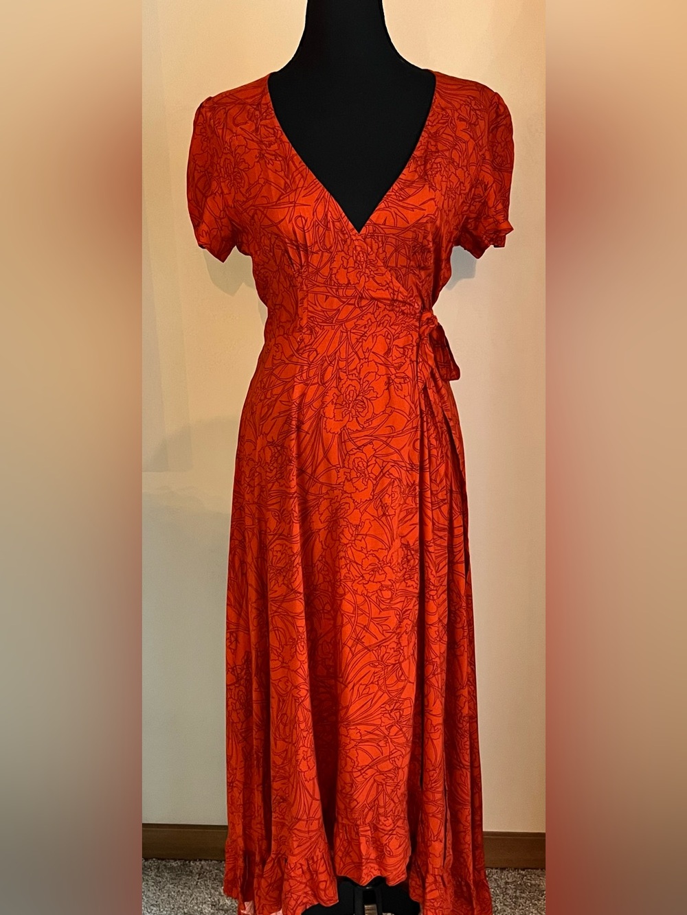 Lira Red-Orange Floral Wrap Maxi Dress